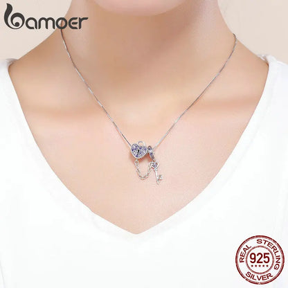 BAMOER 100% 925 Sterling Silver Key of Heart Lock Crystal CZ Chain Charms Fit Charm Bracelets & Necklaces Chain Jewelry SCC772