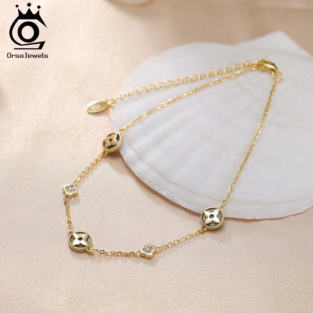 ORSA JEWELS Trendy 925 Sterling Silver Zirconia Clover Anklets Chain For Women Jewelry Clover Foot Bracelet Accessories GMA07
