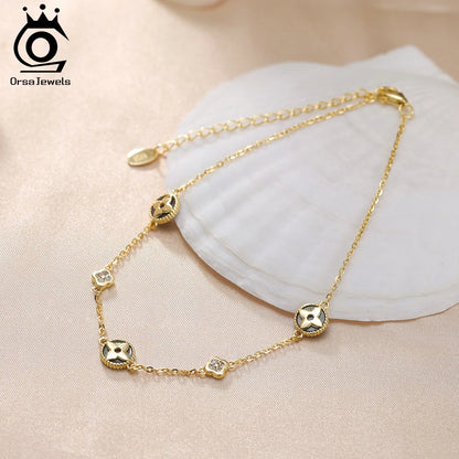 ORSA JEWELS Trendy 925 Sterling Silver Zirconia Clover Anklets Chain For Women Jewelry Clover Foot Bracelet Accessories GMA07