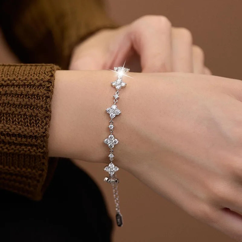 RAPRGOLD GRA Certified Moissanite Clover Flower Bracelets for Women S925 Sterling Silver Bracelets Chain Wedding Jewelry Gifts