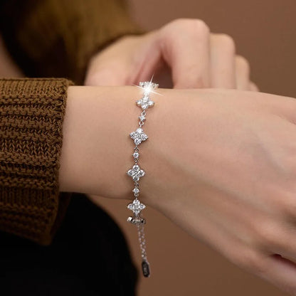 RAPRGOLD GRA Certified Moissanite Clover Flower Bracelets for Women S925 Sterling Silver Bracelets Chain Wedding Jewelry Gifts
