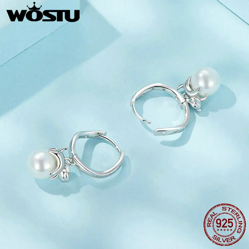 WOSTU Original 925 Sterling Silver Kitty Pearl Ear Buckles Ear Hoop With Quality Shell Pearl Fine Jewelry For Women Party Gift