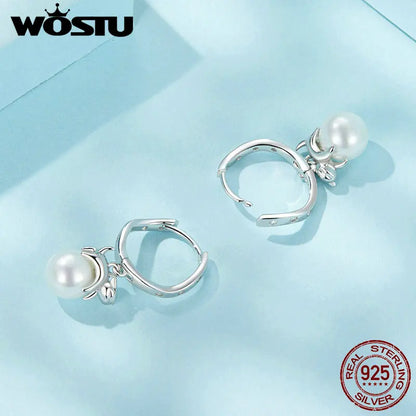WOSTU Original 925 Sterling Silver Kitty Pearl Ear Buckles Ear Hoop With Quality Shell Pearl Fine Jewelry For Women Party Gift