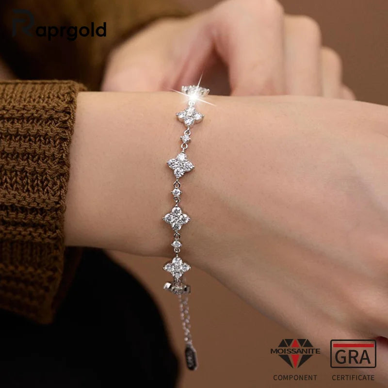 RAPRGOLD GRA Certified Moissanite Clover Flower Bracelets for Women S925 Sterling Silver Bracelets Chain Wedding Jewelry Gifts