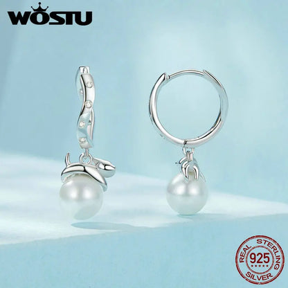 WOSTU Original 925 Sterling Silver Kitty Pearl Ear Buckles Ear Hoop With Quality Shell Pearl Fine Jewelry For Women Party Gift