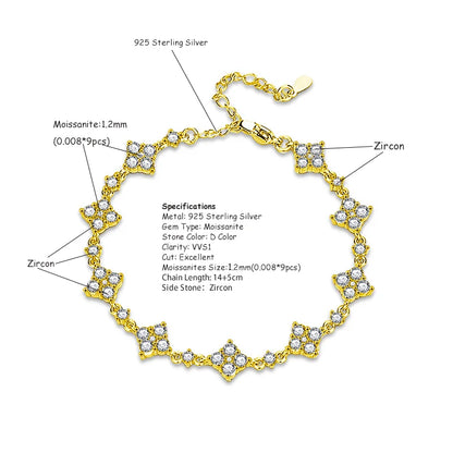 RAPRGOLD GRA Certified Moissanite Clover Flower Bracelets for Women S925 Sterling Silver Bracelets Chain Wedding Jewelry Gifts