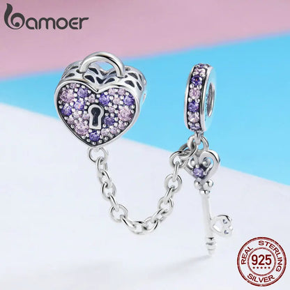BAMOER 100% 925 Sterling Silver Key of Heart Lock Crystal CZ Chain Charms Fit Charm Bracelets & Necklaces Chain Jewelry SCC772