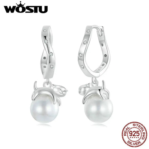 WOSTU Original 925 Sterling Silver Kitty Pearl Ear Buckles Ear Hoop With Quality Shell Pearl Fine Jewelry For Women Party Gift
