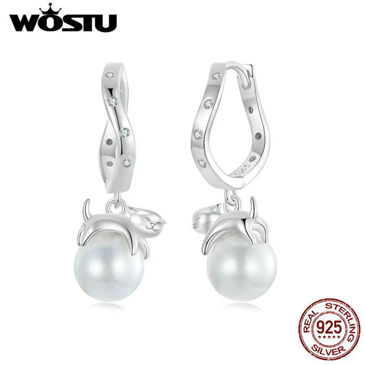 WOSTU Original 925 Sterling Silver Kitty Pearl Ear Buckles Ear Hoop With Quality Shell Pearl Fine Jewelry For Women Party Gift
