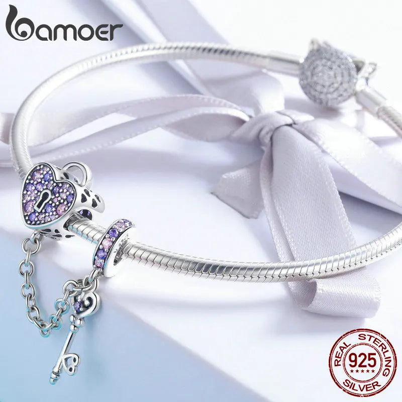 BAMOER 100% 925 Sterling Silver Key of Heart Lock Crystal CZ Chain Charms Fit Charm Bracelets & Necklaces Chain Jewelry SCC772