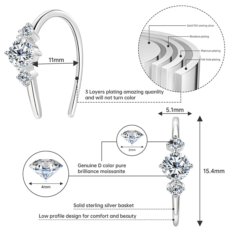 IOGOU Unique  U Type Earring D Moissanite Diamond Round Hoops Original 925 Sterling Silver Earrings for Women 2023 Trend Jewelry