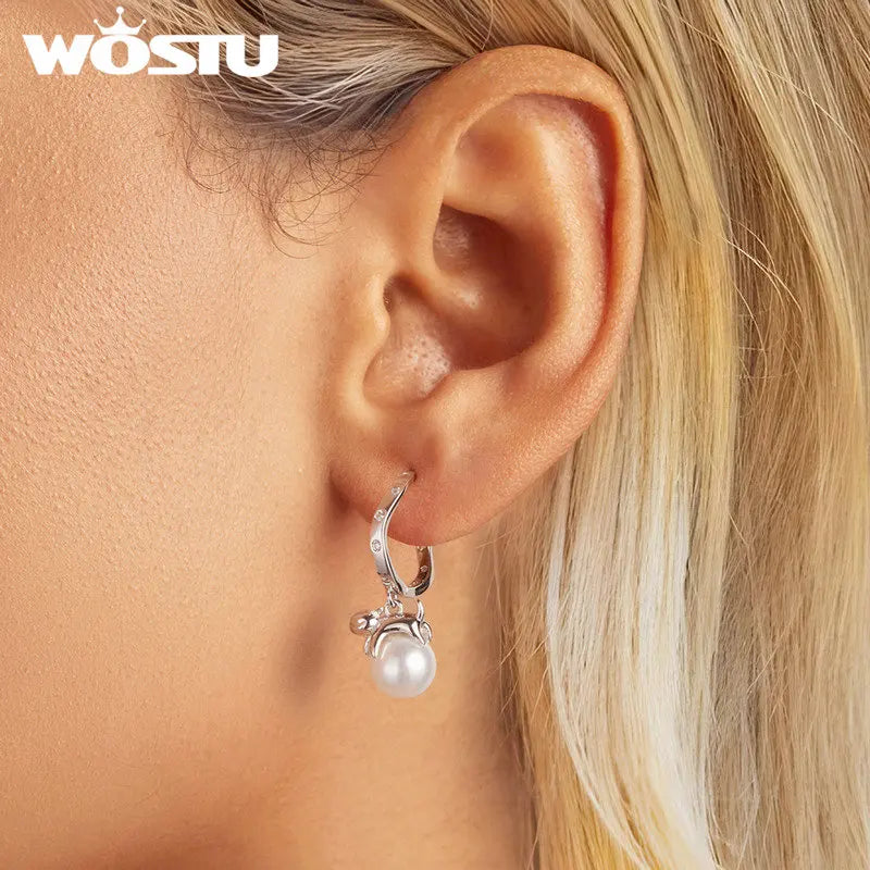 WOSTU Original 925 Sterling Silver Kitty Pearl Ear Buckles Ear Hoop With Quality Shell Pearl Fine Jewelry For Women Party Gift