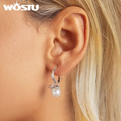 WOSTU Original 925 Sterling Silver Kitty Pearl Ear Buckles Ear Hoop With Quality Shell Pearl Fine Jewelry For Women Party Gift