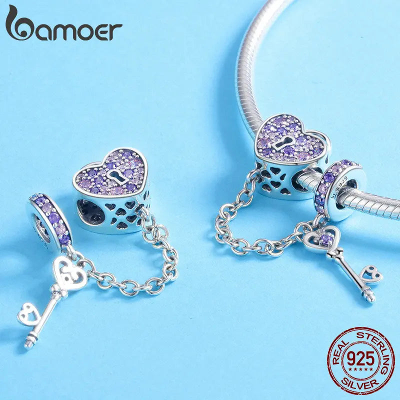 BAMOER 100% 925 Sterling Silver Key of Heart Lock Crystal CZ Chain Charms Fit Charm Bracelets & Necklaces Chain Jewelry SCC772